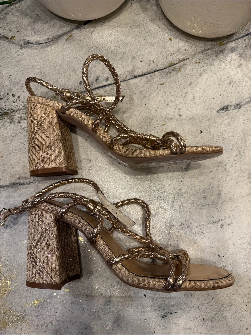 Jessica Simpson Metallic Gold Braided Strap Heeled Sandals size 7